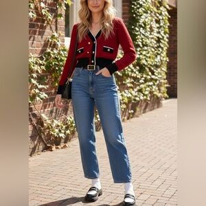 JULIA Burgundy Preppy Trim Cropped Knit Cardigan Sweater Women’s Sz Small